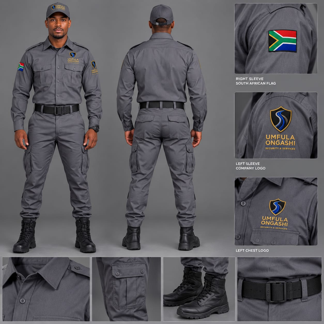 Umfula Ongashi formal charcoal security officer uniform